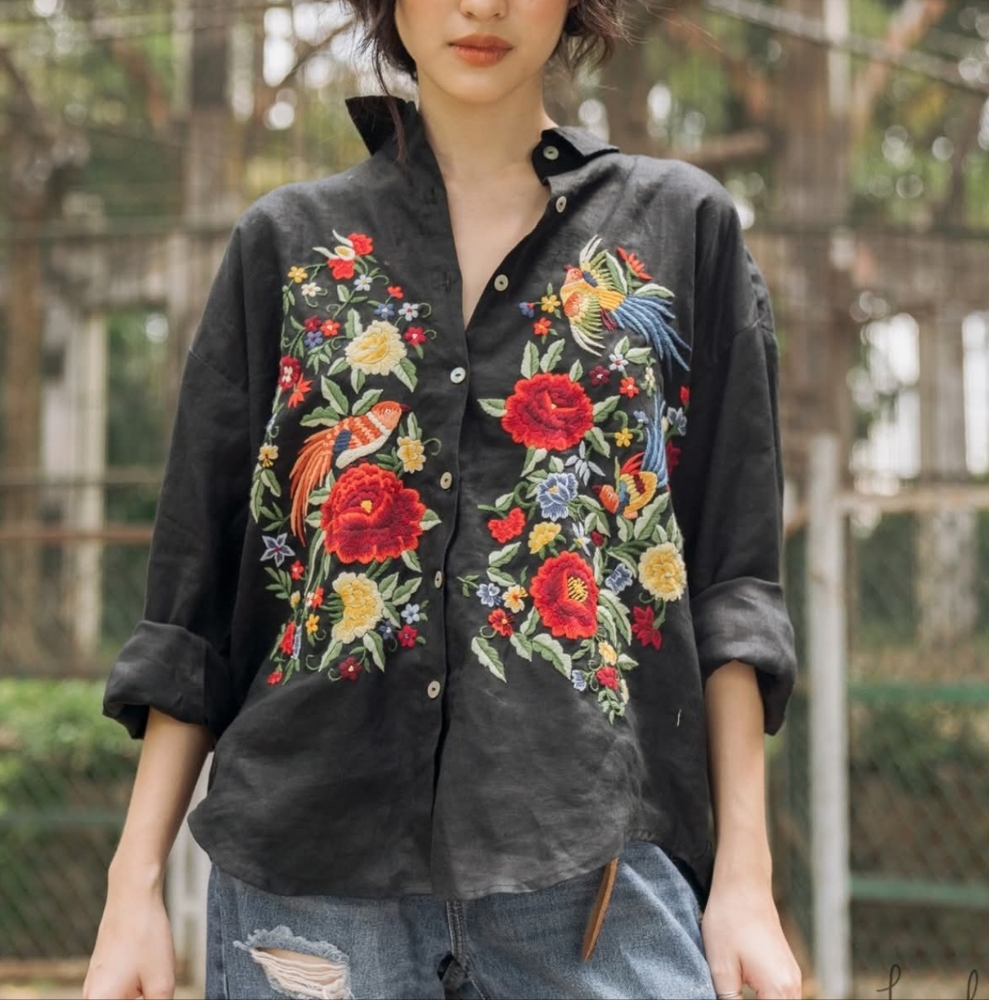 Floral Embroidered Button-Up Shirt